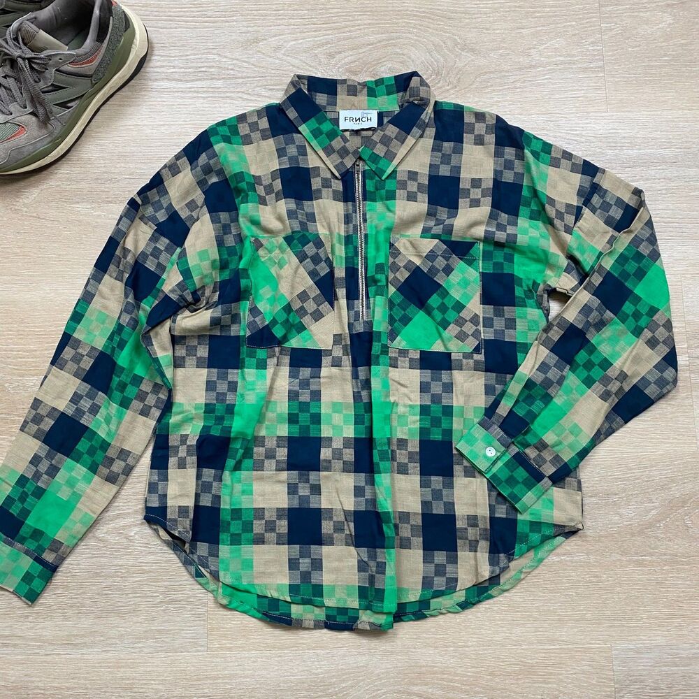 FRNCH Paris Check‎ Joye Preppy Pullover LS Top Womens M Color Green